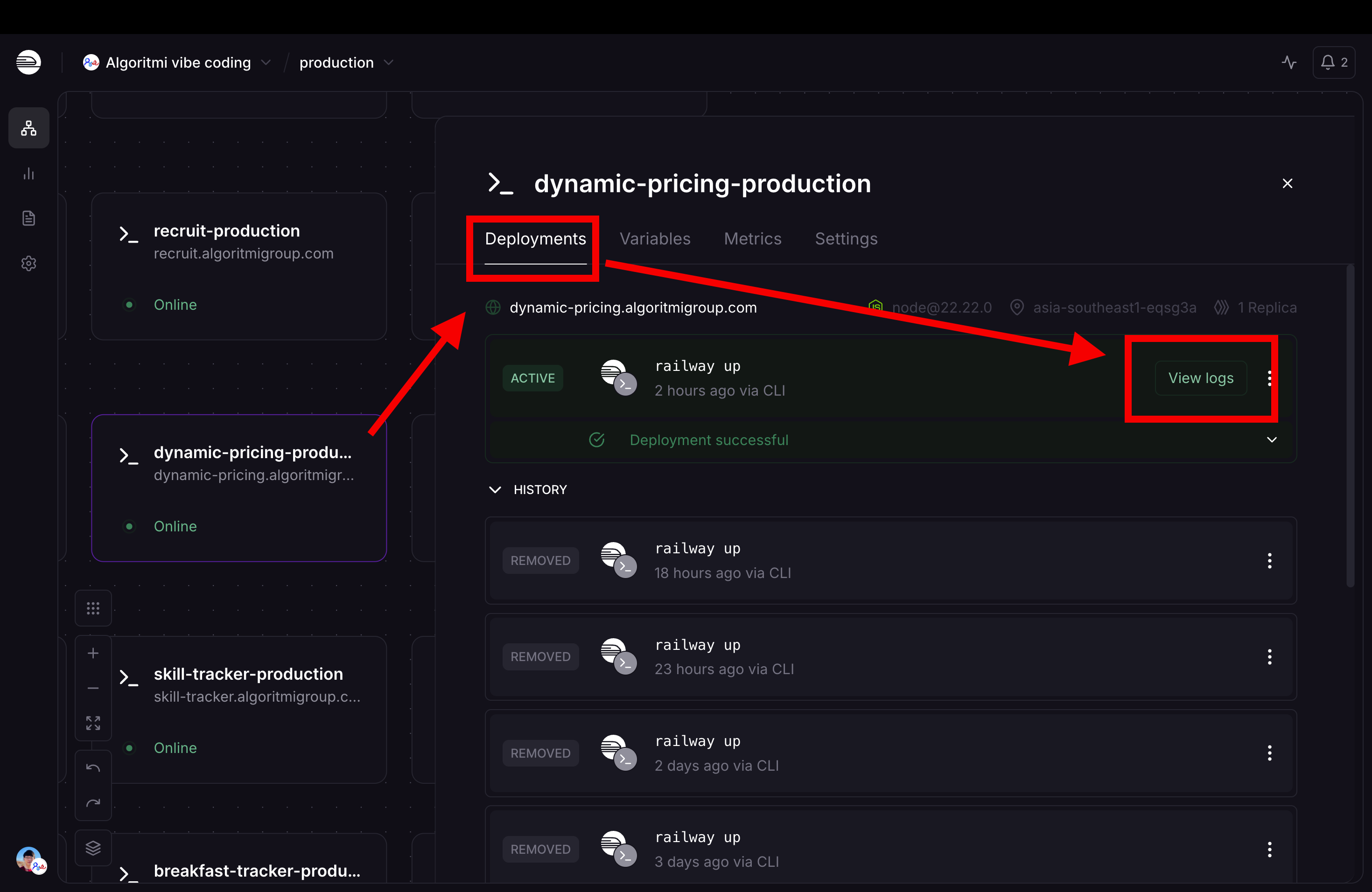 Step 1: Select your service, click Deployments tab, then View logs