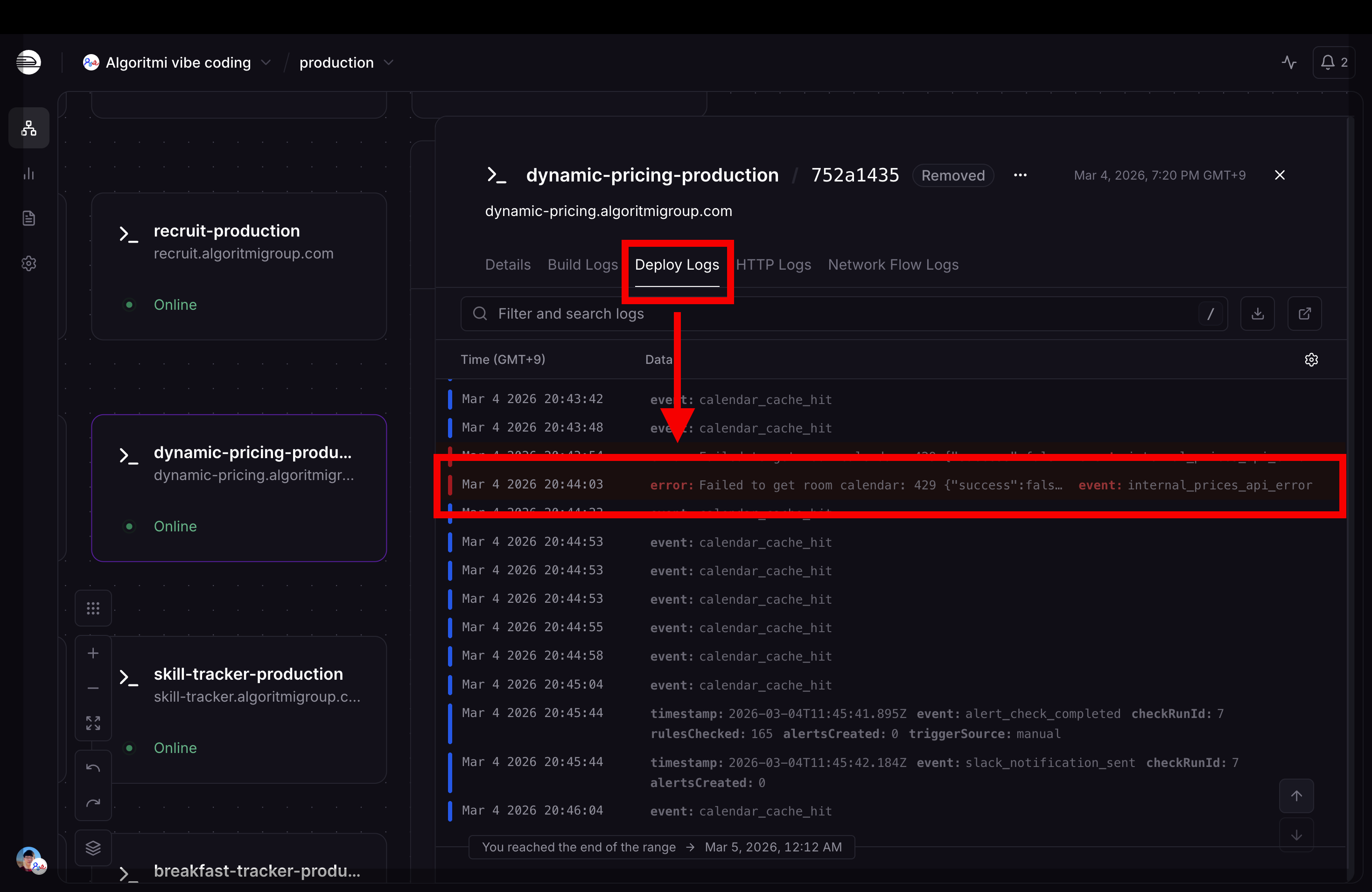 Step 2: Look for red error lines in the Deploy Logs tab